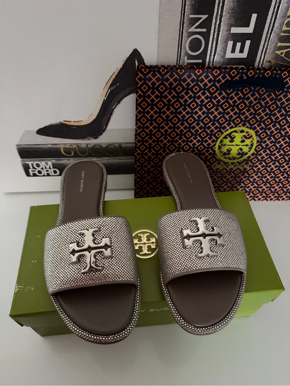 Tory Burch Silver Slip-On Logo Slides